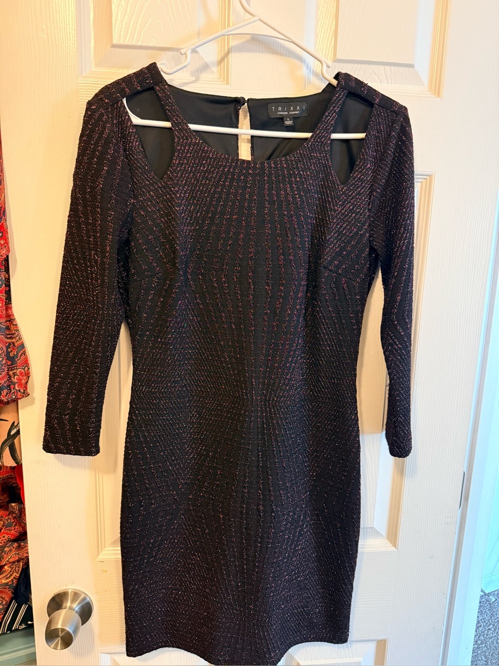 Trixxi Black Dress with Purple Metallic Thread and Cutout Shoulders